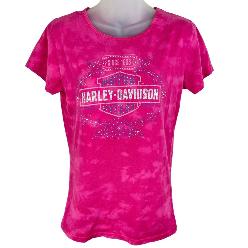 Harley-Davidson Womens Pink Tie Dye Rhinestone Graphic Tee Shirt Large L